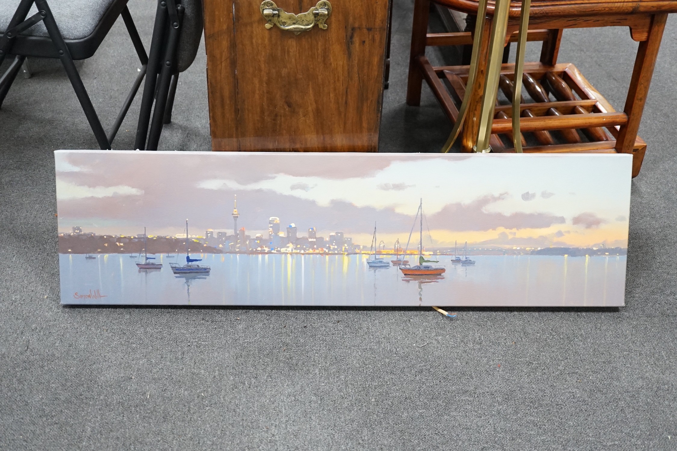 Simon Williams (New Zealand b.1961), oil on canvas, 'Evening Reflections, Auckland City', 30 x 111cm, unframed